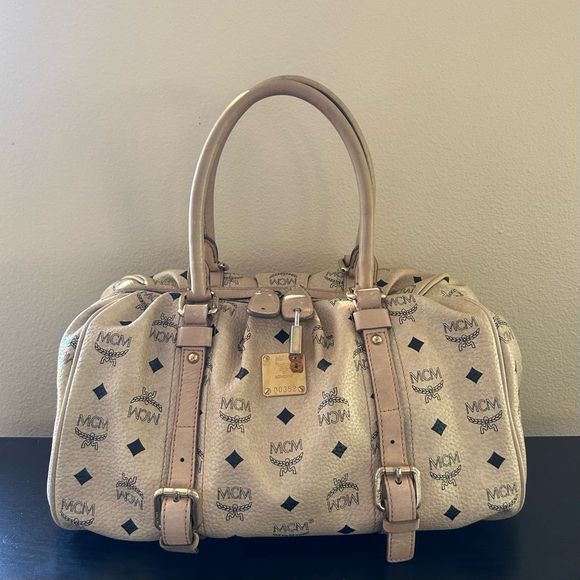 MCM Leather Silver Studded Handbag Cream - Picture 1 of 10